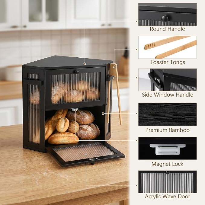 Corner Bread Box for Kitchen with Bread tongs,Black | Bamboo Bread Box For Homemade Bread Storage,Double Layer Corner Bread Box For Kitchen Countertop
