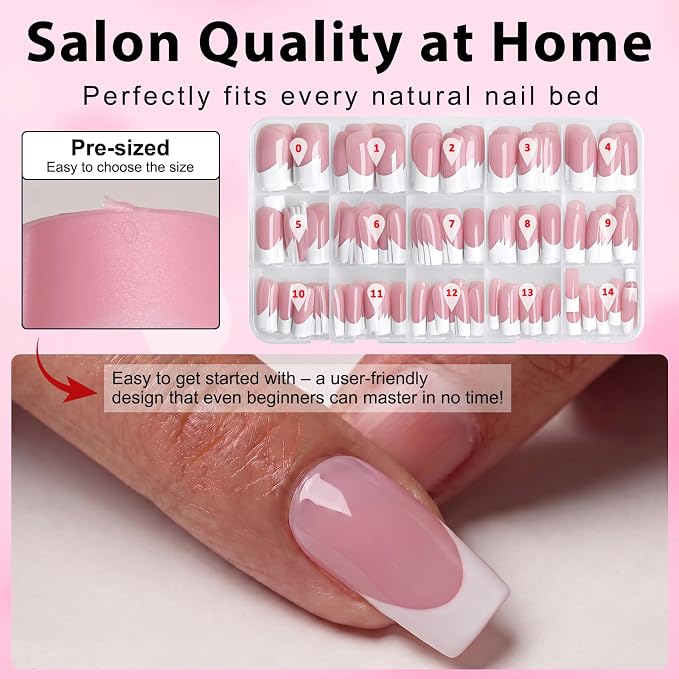 240pc Medium French Tip Press on Nails Square Fake Nails with Glue Tabs | Medium Nails Press ons Square Glue on Nails Pink Acrylic Nails Stick False Nail Artificial Fingernail for Women Girls