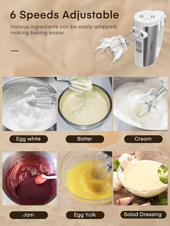 Hand Mixer Electric Handheld, 6 Speed & Turbo Electric Mixer, 300W Handheld Mixer with 2 Stainless Steel Whisk and 2 Dough Hook for Whipping, Mixing Cookies, Brownie, Cakes, Dough Batters, White