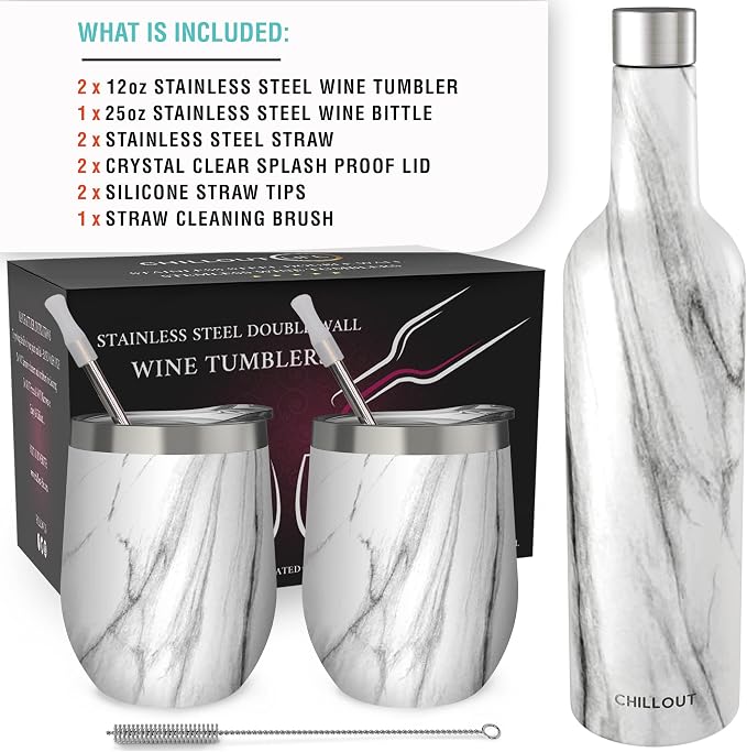 CHILLOUT LIFE 12 oz Stainless Steel Wine Tumblers 2 Pack & 1 Insulated Wine Bottle - Double Wall Vacuum Insulated Wine Glasses Cups with Lids and Straws Set Keeping Cold & Hot Gift Set