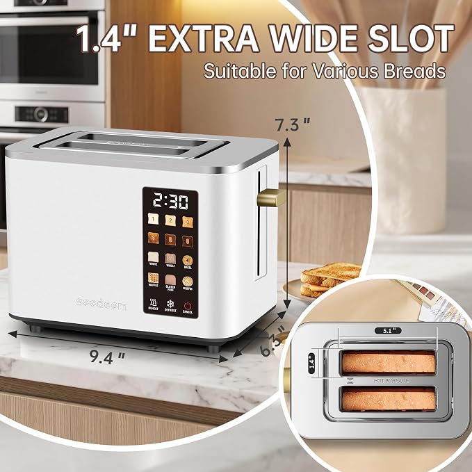 SEEDEEM 2 Slice Toaster with Full Touch Screen, Stainless Steel, 6 Bread Types & 6 Shade Settings, Countdown Display, Removable Crumb Tray, 900W, White