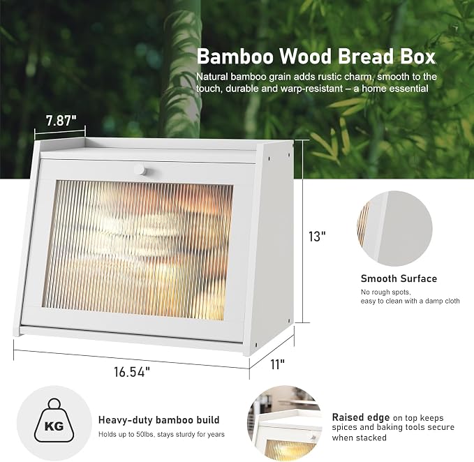 kiplant Large Bread Box for Kitchen Counter, White Bamboo Bread Storage Container with Wavy Arcylic Transparent Door, Bamboo Wooden Farmhouse Bread Box for Your House