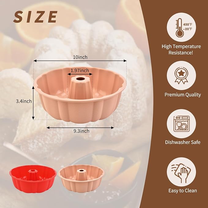 2 Pack Silicone Cake Pan,Jello Moldes Para Gelatinas，10 Inch,Red+Pink | Nonstick,Cake Pans，moldes para gelatinas，Pound Cake Pan, Baking For Jello, Gelatin, Cake, Brownie and Bread