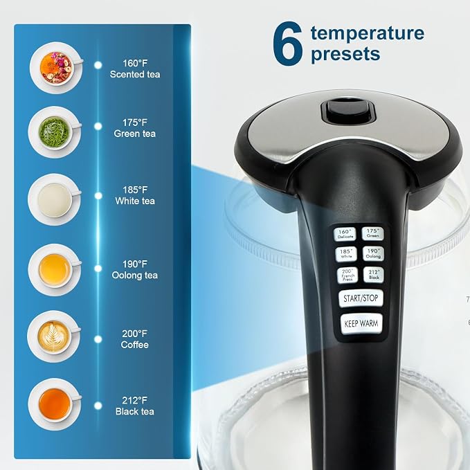 Cool Touch Electric Kettle with 6 Temp Presets for Tea/Coffee | 4H Keep Warm, Borosilicate Glass Inner Wall and PC Outer Wall, BPA free, 1.7L 1500W Fast Boil for Home/Office