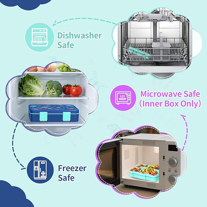 Bento Lunch Box for Kids, Leak-Proof 5-Compartment Cute Lunchbox for Boys Girls, Drop-Proof, Food Container Microwave & Dishwasher Safe, Back to School Supplies for Ages 3 to 7, Blue/Dinosaur