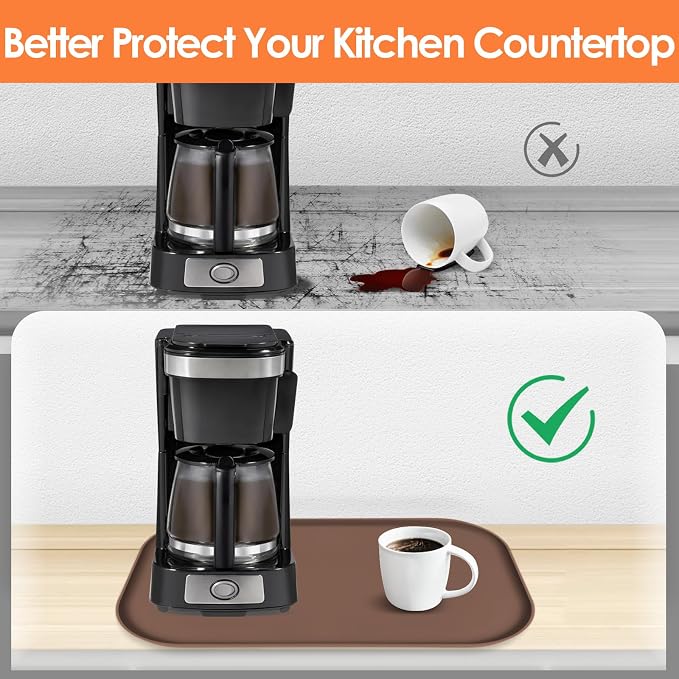 Silicone Coffee Maker Mat with Lip for Countertops, 17.4'' x 10.6'', Brown | Multi leak-proof coffee tray for countertop, non-slip silicone mat fits most coffee makers & espresso machines, wipe-clean