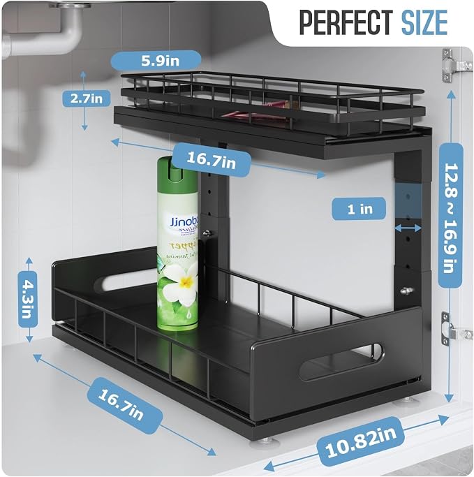 Under Sink Organizer Upgrade To Professional Rails,2-Tier Dual Pull Out Cabinet Storage,Height Adjustable Slide Out Drawers For Bathroom Kitchen,2 Pack-16.7"Dx12.8"-16.9"H,Black