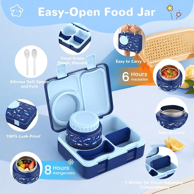 Kids Insulated Lunch Box with 8OZ Thermo Food Jar | Leakproof Bento Box with Ice Pack Sauce Cup Utensils Removable Tray & Dividers for School Daycare Travel, Sharks