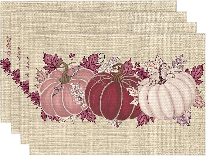 Artoid Mode Pink Pumpkin Leaves Fall Placemats Set of 4-12 x 18 Inch | Heat-Resistant Table Mats, Washable Seasonal Autumn Kitchen Dining Decor