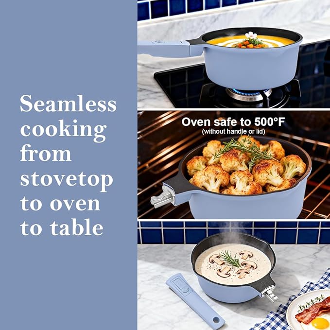 2.5 Qt Nonstick Sauce Pan with Lid, Sauce Pot with Pour Spout, Blue | Detachable Handle, Suitable for All Stoves, Including Induction, Oven Safe, PTFE & PFAS & PFOA Free