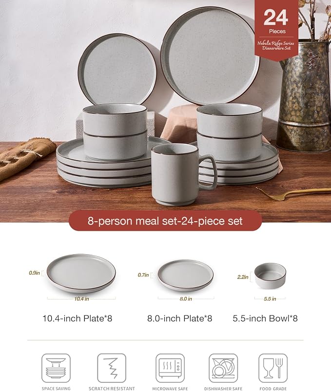 Famiware Nebula Ridge 24-Piece Stoneware Dinnerware Set, Light Gray | Plates and Bowls for 8, Warm Hand-Painted Rims, Microwave and Dishwasher Safe, Daily Essentials