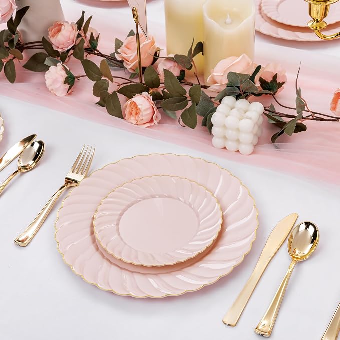 YOUBET 125PCS Pink Plastic Plates with Gold Rim for Wedding Birthday Party | Scalloped Plastic Plates Set Includes 25 Dinner Plate, 25 Dessert Plate, 75 Gold Silverware for 25 Guests Baby Shower