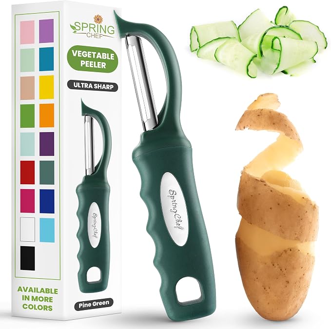 Spring Chef Potato Peeler for Kitchen with Soft Grip Handle, Pine Green | Premium Vegetable Peeler w/ Sharp Stainless Steel Blades, Multifunctional Food Peeler for Apple, Carrot, Cucumber, Fruit