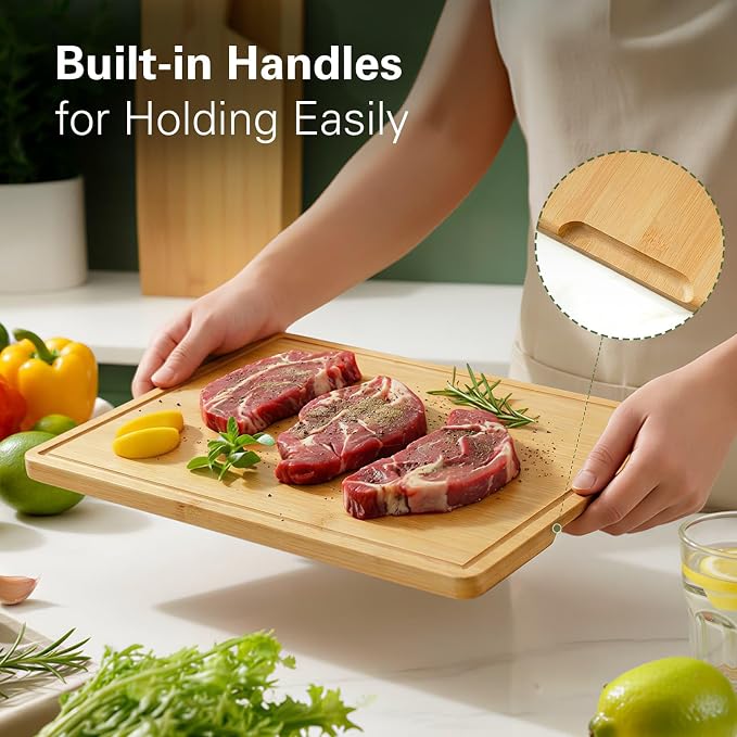 Zarler Bamboo Cutting Boards for Kitchen, 4 Piece Durable Wood Cutting Board with Juice Grooves and Handles, Wooden Chopping Board Set for Meal Prep, XL Size, Ideal Kitchen Gift