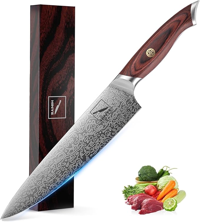8" High Carbon Stainless Steel Kitchen Chef Knife, Redwood Handle, Textured Anti-Stick Blade, Rustproof & Dishwasher Safe, Effortless Chopping, Premium Gift Box