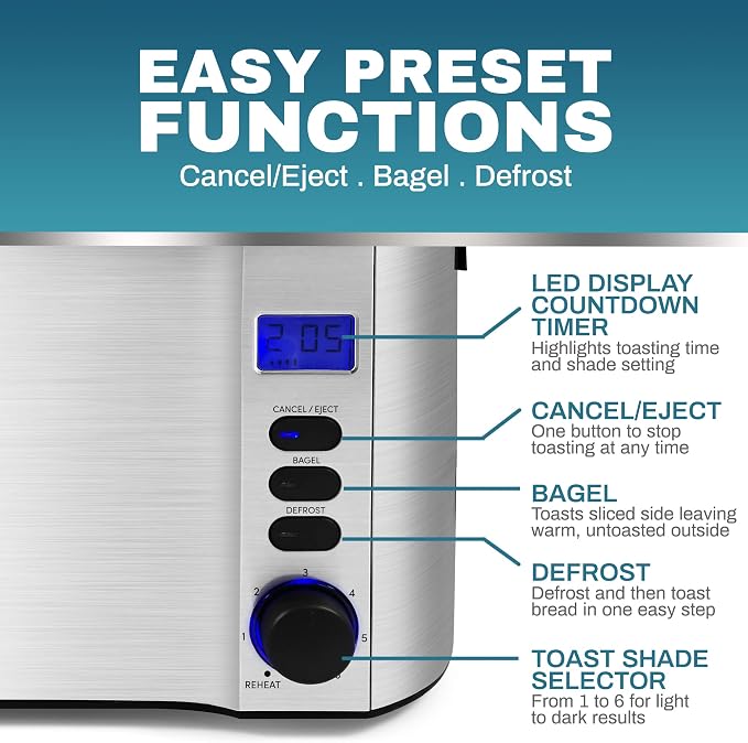 Elite Gourmet ECT4400B# Long Slot 4 Slice Toaster, Countdown Timer, 6 Toast Setting, Defrost, Cancel Function, Built-in Warming Rack, Extra Wide Slots for Bagel Waffle, Stainless Steel | 6 Toast Settings, Defrost & Cancel Function, Built-In Warming Rac...