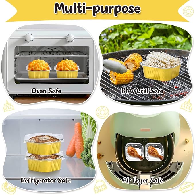 selizo 60 Pack 5oz Mini Disposable Cake Pans with Lids, Aluminum Foil Square Baking Cups, 3.5x3.5 Small Baking Cake Tins Cup Cake Containers with Lids for Individual Cakes
