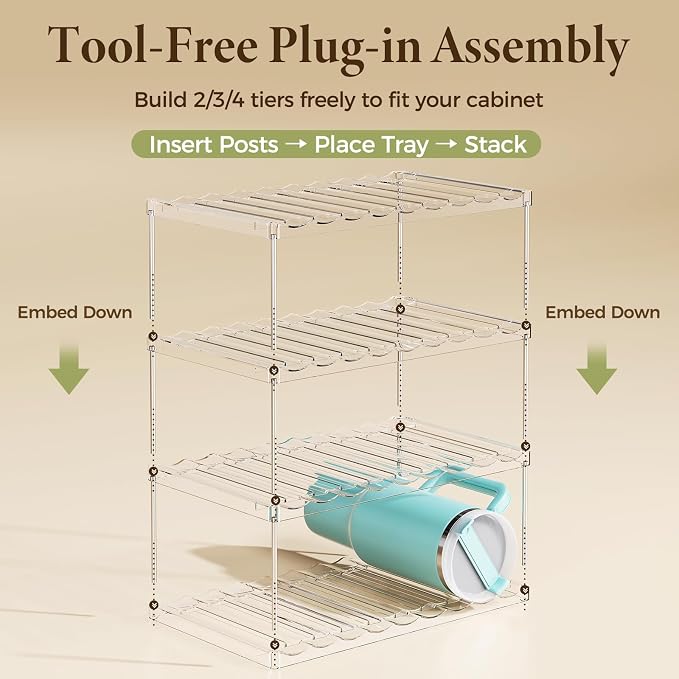 LAMU Stackable Water Bottle Organizer Holder Tumbler Cup Storage Rack | 4 Tier Clear PET Holder for Stanley 16-40oz Large Water Bottle Tumbler Cup Storage for Kitchen Cabinet Pantry Countertop