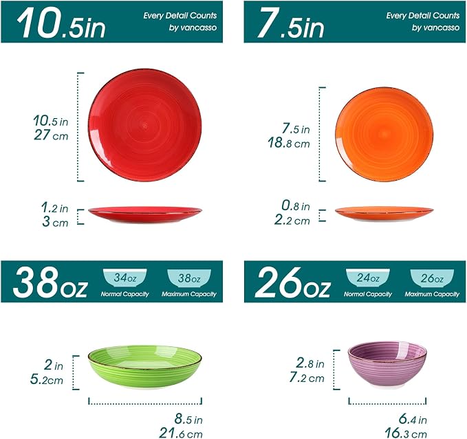 vancasso Bonita Dinnerware Sets, 24 Pieces Multicolor Stoneware Dinner Set | Handpainted Spirals Pattern Ceramic Plates and Bowls Sets, Kitchen Plate Set for 6 Dishes Sets-Microwave and Dishwasher Safe