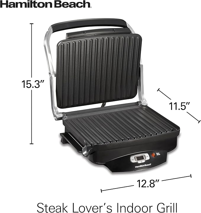 Hamilton Beach Steak Lover's Electric Indoor Searing Grill, Nonstick 100 Square, Stainless Steel (25331), Black and Stainless, Medium | Adjustable Temperature Control To 500° F | Non-Stick PFAS-Free 100 sq. in. Cooking Surface | Black & Stainless Steel