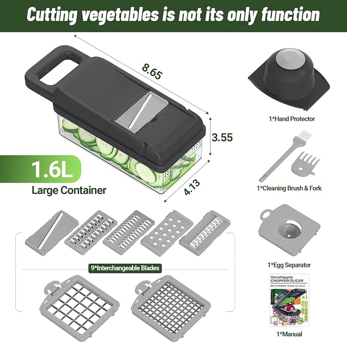 12-in-1 Vegetable Chopper 7 Blades, Veggie Cutter with Handle, Grey | Stainless Steel Blades, Food Container and Lid, Dicer, Slicer, Julienne, Egg Separator, Non-slip Base, Include Cleaning Tools