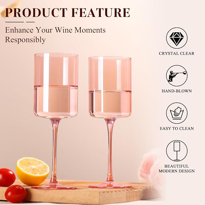 Pink Wine Glasses - Hand Blown Square Colored Wine Glasses with Long Stems, Set of 6 - 14oz Each, Ideal for All Occasions
