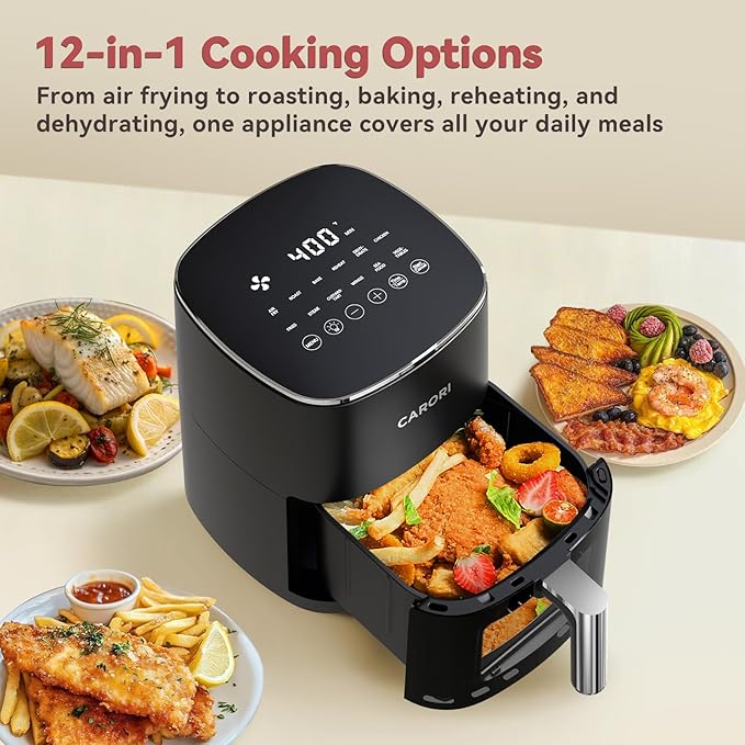 CARORI 6 Qt Air Fryer with Viewing Window, 12 Presets and DIY Mode, 1700W, 400°F Max, Large Nonstick Dishwasher-Safe Basket, Bake, Roast, Reheat, Dehydrate, Black