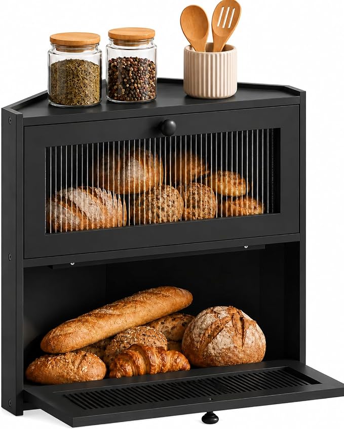 BAMBANG Corner Bread Box for Kitchen Countertop, Double Layer Bamboo Bread Storage Container with Wavy Windows, Farmhouse Large Bread Bin, Wooden Breadbox Holder for Homemade Bread (Black)
