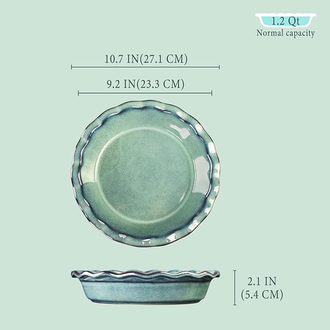 9.2-inch ceramic pie pan, 1.2 quart, ceramic baking pan, rice dish, deep groove pie pan, suitable for apple pie/quiche/risotto/roasted vegetables/oven/restaurant/party, hazy green.
