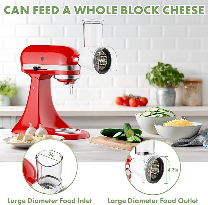 COFUN Cheese Grater Attachment for KitchenAid, Large Cheese Grater | 3-inch Feed Chute and Splash-Proof Barrier, Cheese Shredder, For Kitchen Aid Accessories and Attachments, Dishwasher Safe