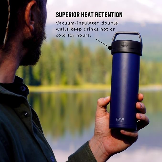 ESPRO Go P0 Ultralight French Press Coffee Maker for Travel, Vacuum Insulated Stainless Steel, 16 Ounces, Aegean Blue