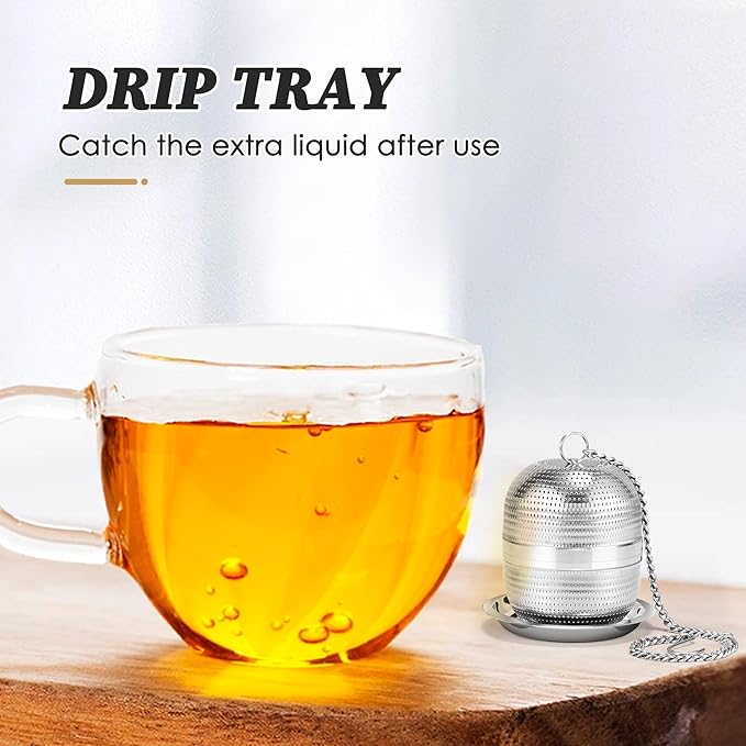 Yoassi 2 Pack Tea Infusers for Loose Tea, Extra Fine Mesh 18/8 Stainless Steel Tea Strainers, Loose Leaf Tea Steeper Tea Ball Tea Diffuser Tea Holder with Extended Chain Hook and Drip Tray