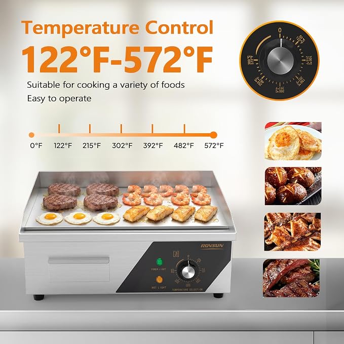 ROVSUN 18" Electric Countertop Flat Top Griddle, 1500W Electric Griddle, Teppanyaki Grill Stainless Steel with Adjustable Temperature Control 122°F-572°F for Commercial Home Restaurant, Plug