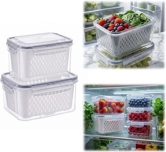 Fruit Storage Containers for Fridge with Removable Colander, Airtight Produce Storage Containers with Lids, Fridge Organizers and Storage for Berry, Fruit, Vegetables, Salad & Meal Prep (Gray, M+L)