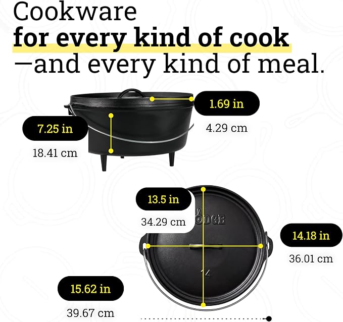 Lodge Seasoned Cast Iron Camp Dutch Oven with Lid - 10 Quart - Dual Handles - Seasoned Cast Iron Cookware with Steel Handle & Strong Lid for Heavy- Duty Camping Cookware