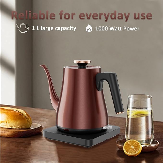 Gooseneck Electric Kettle 1.0L, 1000W, Pour Over, Vintage Copper | 304 Stainless Steel, Auto Shut-Off, BPA-Free, Vintage Style For Pour Over Coffee Tea Home Office