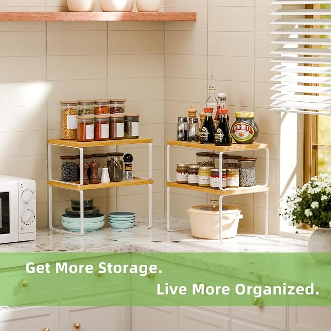 Ekisemio Kitchen Cabinet Organizer, Bamboo Spice Rack Organizer for Cabinet, Stackable & Expandable Counter Shelves, Set of 4, White and Natural