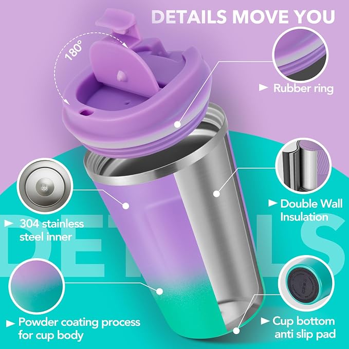 Volhoply 12 oz Double Wall Insulated Vacuum Travel Coffee Mug with Flip Lid,Reusable Stainless Steel Leak Proof Coffee Cup,Portable Iced Cafe Thermal Tumbler for Hot & Cold Drinks(Purple Green,1 Set)