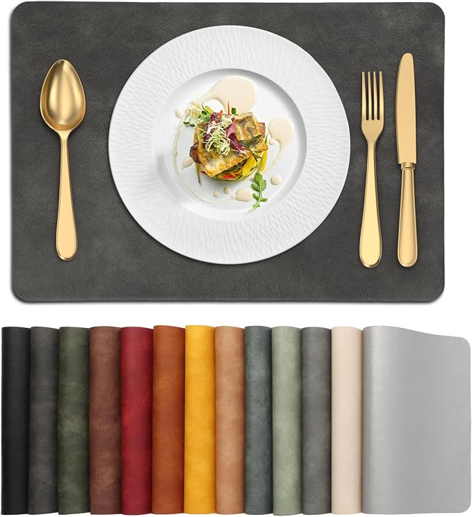 UnivoColors Placemats,Heat Resistant Placemats Set of 8 Washable 12 x 17 Inch,Waterproof Table Mats,Wipeable Pu Place Mats for Kitchen,Dining Room.Dark Gray