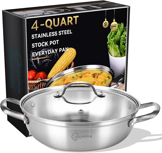 LOLYKITCH 4-Quart Stainless Steel Kadai with Lid | 12-Inch Hotpot Pot | Tri-Ply Stainless Steel Saute Pan | Everyday Pan | Induction Indian Cooking Pan | Dishwasher and Oven Safe | 3-4 Servings