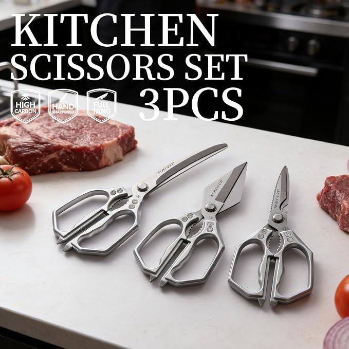 Kitchen Scissors Set Silver 3PCS, Heavy Duty Poultry Shears Kitchen Shear for Food Chicken Scissor All Purpose,Japan Meat Cutting Scissors, Bones Food Cooking Shears, Gifts for Men Women Mom Dad
