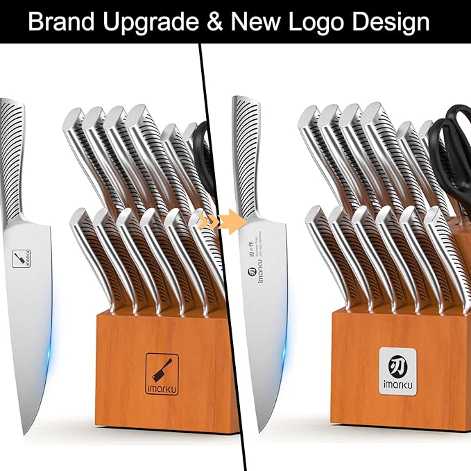 imarku 14 Piece Stainless Steel Knife Set with Build-in Sharpener | Japanese High-Carbon Stainless Steel Blades | 56±2 HRC Hardness | Full Tang Ergonomic Handle | Ideal Home Cooking Gift