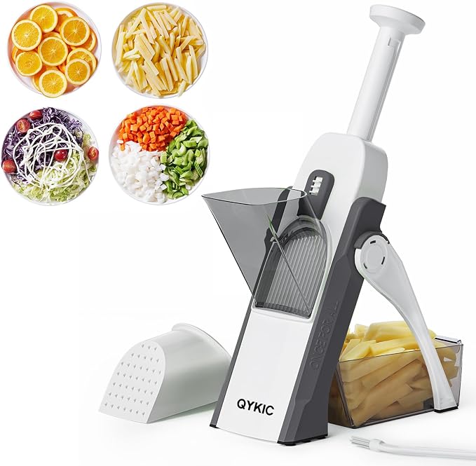 QYKIC Safe Mandoline Slicer,Vegetable Potato Slice Food Cutter for Kitchen,Thickness Adjustable Upright Veggie Chopper for Fast Meal prep (Gray) | Stainless Steel Blades,Potato Vegetables Slicer French Fry Cutter ,Julienne Dicer,with food Container,Dis...