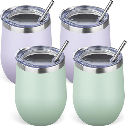 12oz/4 Pack Stainless Steel Wine Tumbler with Lid and Straw, Double Wall Vacuum Insulated Wine Tumbler Glasses, Stemless Travel Mugs for Hot and Cold Drinks, Coffee, Wine, Cocktails