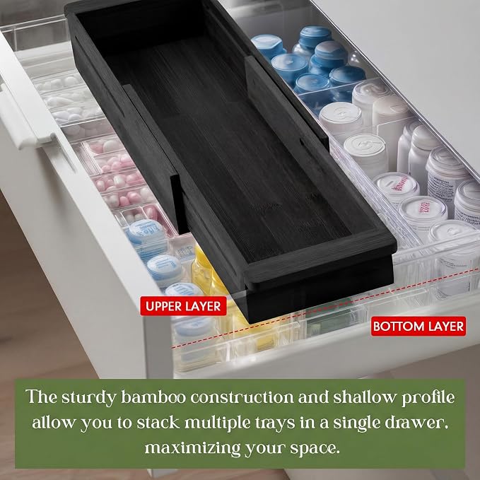 LemonRoad 1 Pcs Sliding Drawer Organizer 12.4-17.7 Inch Bin Bamboo Drawer Expandable Bins Utensil Organizer for Kitchen Spoons Forks Knives (Black)