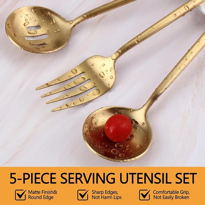 Gold Serving Utensils Set,5pc Stainless Steel Serving Spoons | 10.8inch,matte gold,serving utensils set for buffet,parties&daily dining,serving spoons,flatware for elegant serving