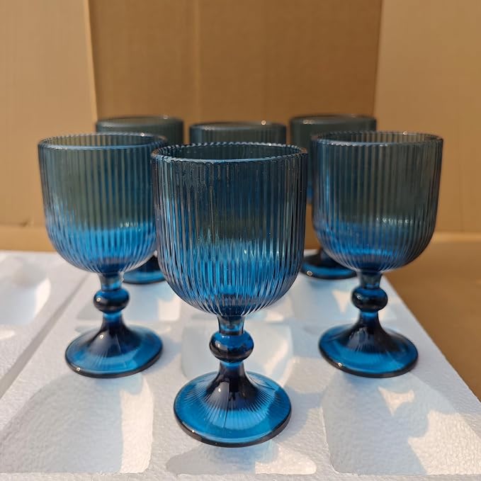 CHLJAR Blue Wine Glass Goblet Set of 6, 14 oz Blue Goblets Glassware, Colored Vintage Glassware for Weddings, Parties, Restaurants, Family Gatherings, Bars, Cafeterias, Dishwasher Safe