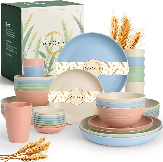 40PCS Dishes Set,Kids Plates and Bowls Set,Unbreakable Dinnerware Set | Wheat Straw Dinnerware Sets for 8, Kitchen Plates Bowls and Cups Set, Soy Sauce Dish, Microwave Safe Dishware Sets, Nordic