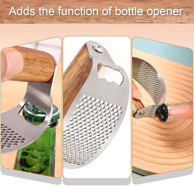 Garlic Press Rocker Stainless Steel Ginger Crusher, Garlic Mincer and Squeezer Kitchen Gadget with Ergonomic handle, Silicone Tube Garlic Peeler, Scraper and Cleaning Brush Tool Set