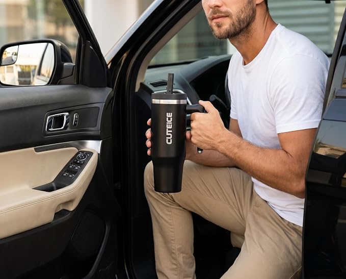 100% Leakproof Iced Travel Coffee Tumbler with Lid and Handle 30 oz Black Flip Straw Water Bottle for adults Dishwasher Safe Insulated Stainless Steel Water Cup for Car Office Black